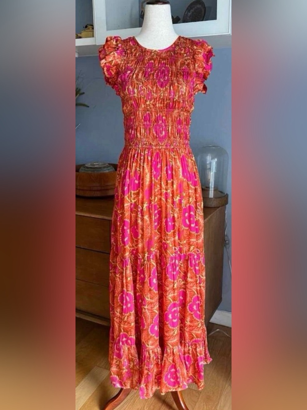 Cleobella Anthropologie Giselle Floral Ankle Dress Orange/Pink Sz M Smocked